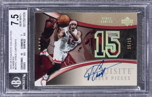 2005-06 UD "Exquisite Collection" Number Pieces #EN-VC Vince Carter Signed Game Used Patch Card (#15/15) – BGS NM+ 7.5/BGS 9